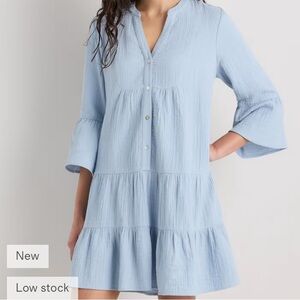Quince Light Blue Tiered Cotton Gauze Midi Dress
